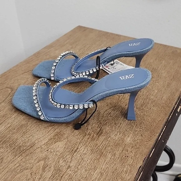 Zara Rhinestone Heeled Denim Sandals size 37 - Picture 5 of 9